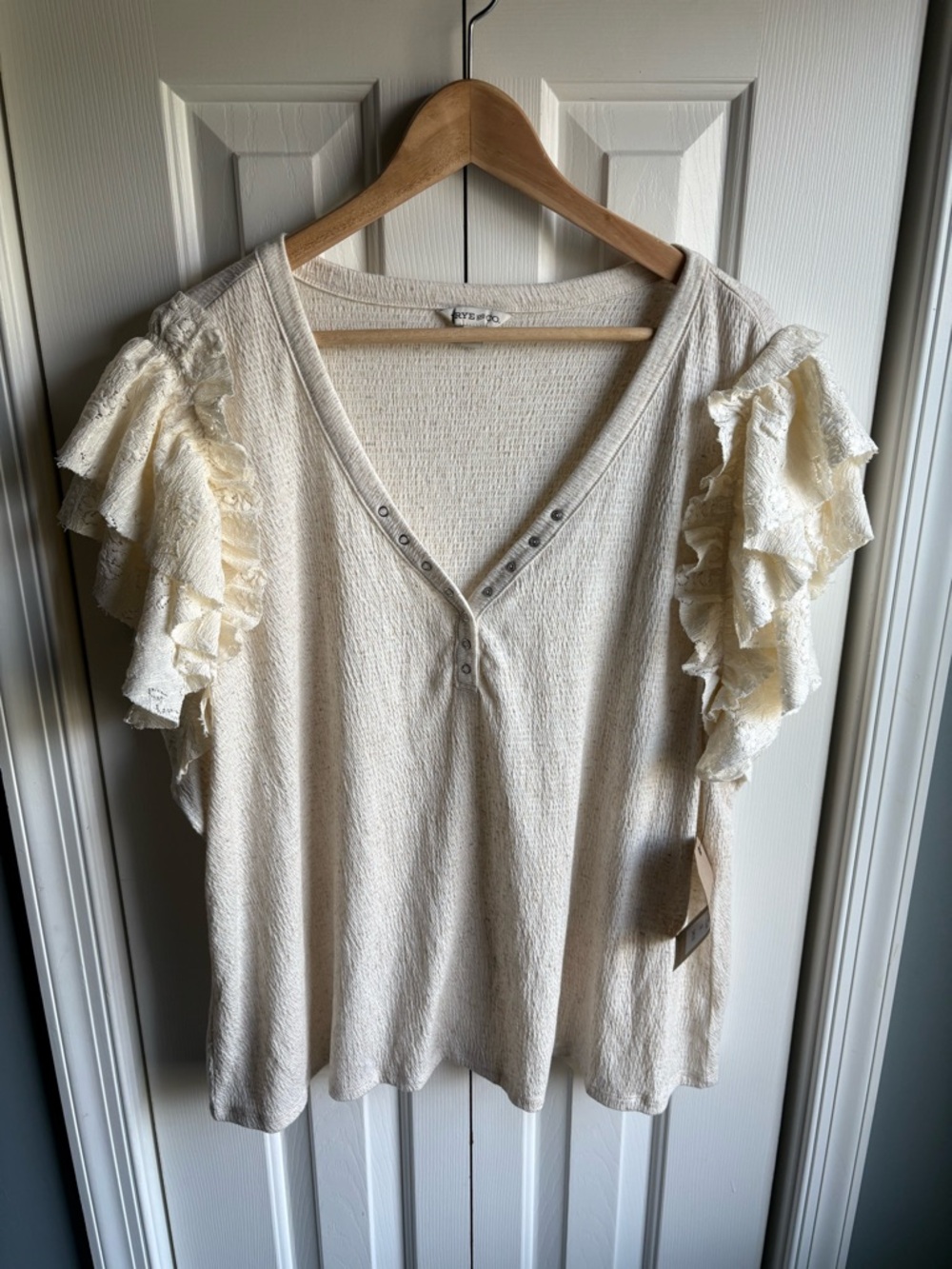 Frye & Co. Womens Ivory Ruffle Lace Short Sleeve Top Festival Boho Size 3X NWT